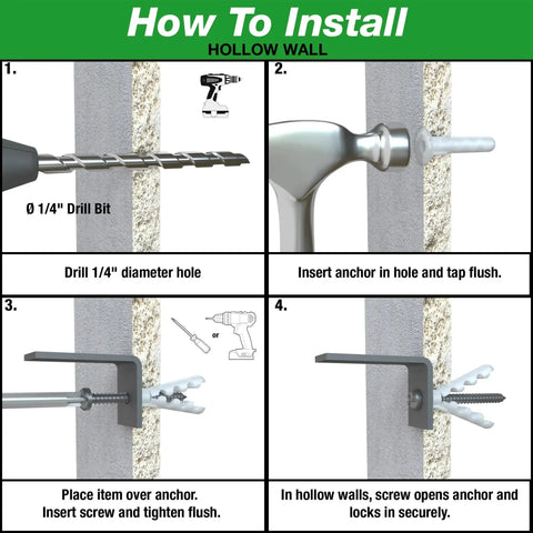 Steps to install Alligator AF6 Flanged Anchor with screws in hollow wall using drill, anchor, and screw.