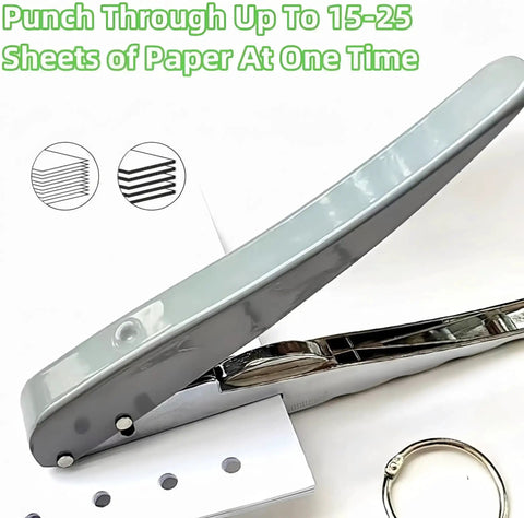 Heavy Duty One Hole Punch For Crafting And Card Making, zinc alloy puncher with one-quarter inch hole size, shown punching paper