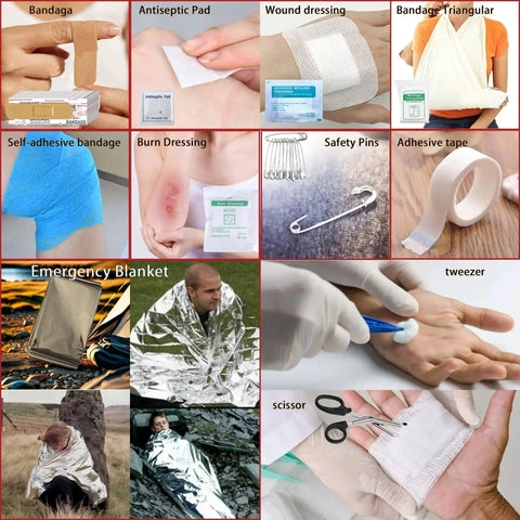 Components of Go To 203 Piece IFAK Trauma First Aid Kit including bandages, emergency blanket, tweezers, safety pins, and dressings.