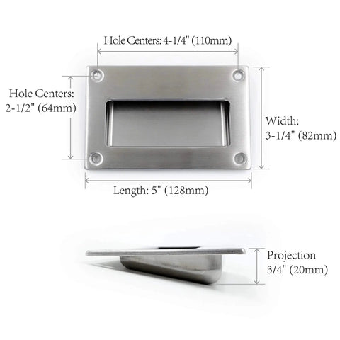 Concealed Recessed Flush Pulls 5 Inch By Three And One Quarter Inch Brushed Nickel Rectangular Hidden Handles dimensions front and side view