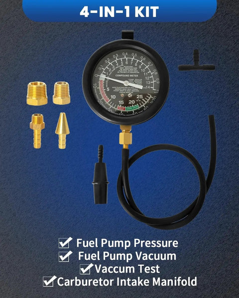 Universal Vacuum Gauge For Cars And Trucks Engine Diagnostics Kit with gauge, hose, adapters displayed