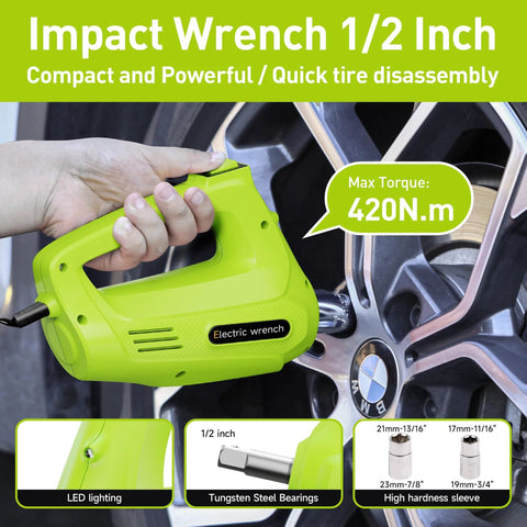 Simtamy electric car jack kit, lime-green 12V hydraulic jack with LCD screen and built-in impact wrench.