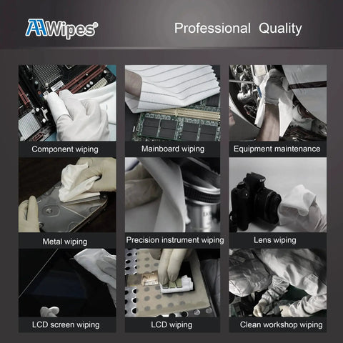 Various uses of Cleanroom Wipe Cloths ESD Safe Polyester 6x6 Inch Lint Free 100 Pack in electronics maintenance and cleaning.