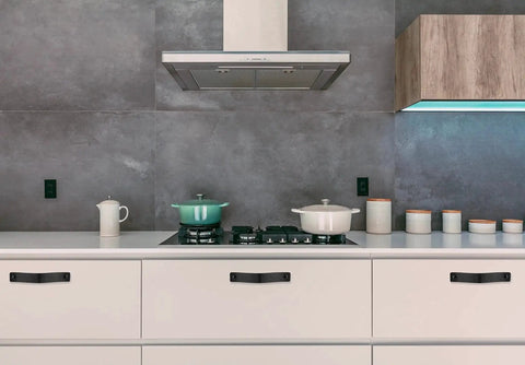 Modern kitchen with Black Leather Drawer Pulls 2 Piece Set Measuring 7 7/8 By 1 1/2 Inches Leather Handles on white cabinets