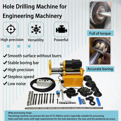 Portable Precision Boring Machine For Heavy Machinery On Site 110V With 55-260mm Hole Capacity 380mm Travel displayed with accessories