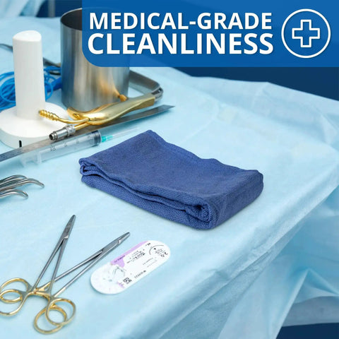 Blue Huck Towels Pack Of 12 Cleaning Rags 100 Percent Cotton Ultra Absorbent Lint Free Towels displayed on a medical tray.