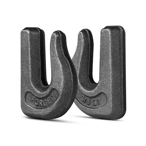 6-Pack Three Eighths Inch Weld-On Forged Clevis Grab Chain Hooks Set Heavy Duty Grade 70 Utility Hooks two hooks close-up