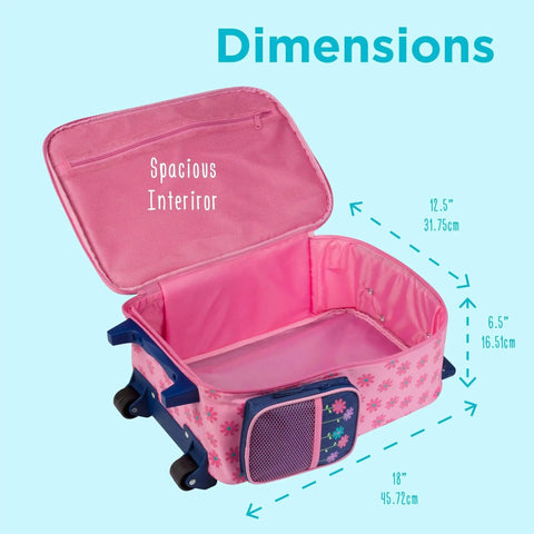 Open pink kids rolling luggage showing spacious interior with dimensions marked. Kids Rolling Luggage For Travel And Sleepovers With Durable Wheels Lightweight Carry On Suitcase For Toddlers And Preschoolers Colorful Classic Design That Feels Like Mom And Dad Gear For Little Explorers.