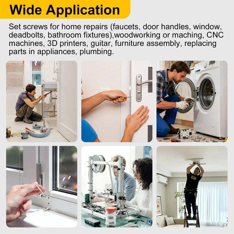 Headless Set Screw Kit 510 Piece 13 Size Metric M3 M4 M5 M6 M8 Stainless Steel 304 Socket Cup Point Screws For Machinery Pulleys Shafts Door Handles And Bathroom Fixtures in use for various home and machinery applications visible.