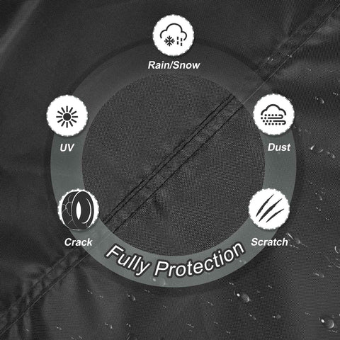 Material detail of the Seasonal Tire Covers Bag Set With Handles For Spare Tires By Explore Land showing protection icons against weather elements.