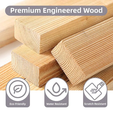 Premium engineered wood planks showing eco-friendly, water, and scratch resistance features.