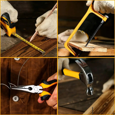 Home Mechanic Tool Box Set With 12V Cordless Drill For DIYers Handy Tools Kit in action with hammer, saw, pliers, and tape measure
