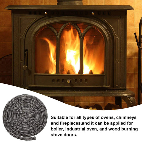 Boao fiberglass wood stove door gasket coil, graphite-impregnated, 1/2 x 84 in, beside a lit stove