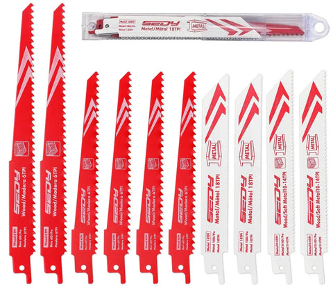 10 Piece Ultimate Reciprocating Saw Blade Set For Wood And Metal Premium 6 And 8 Inch Bi Metal Blades With Storage Box Durable Chromium Vanadium Steel Construction For Tough Cuts And Pruner Saw Blades Kit displayed with storage box.