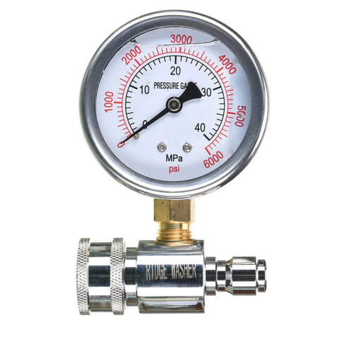 RIDGE WASHER pressure gauge with 3/8-inch quick-connect socket, chrome brass body, 0–6000 psi dial