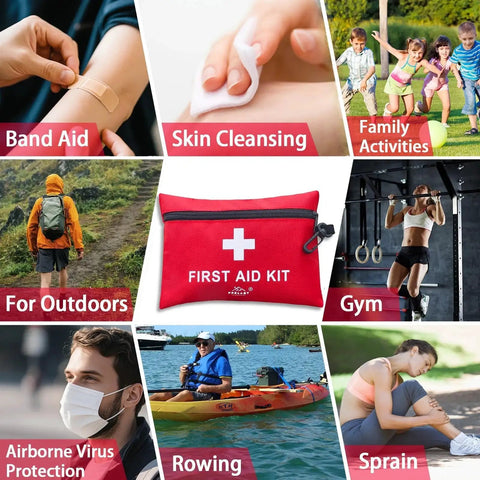 Grab and Go 152 Piece Small First Aid Kit TSA Approved for Travel and Outdoors with family and sports activities background images.