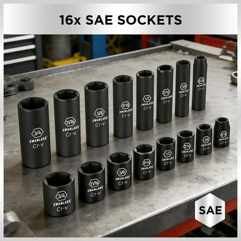 16x SAE sockets from Impact Socket Set For Auto Work, 50 Piece Six Point Drive Three Eighths Inch, SAE And Metric Sizes, Cr-V Steel