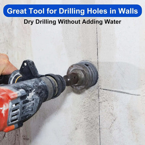 Dry Core Drill Bit Set For Concrete, 6 Piece Kit With 30, 40, 50, And 68mm Core Bits in use on a concrete wall