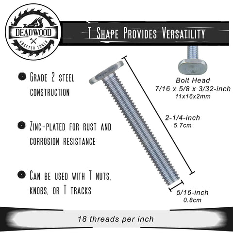 Diagram highlighting features of T Slot Bolt Set 20 Pack Two And A Quarter Inch Tee Bolts For Woodworking And T Track Jig Bolts