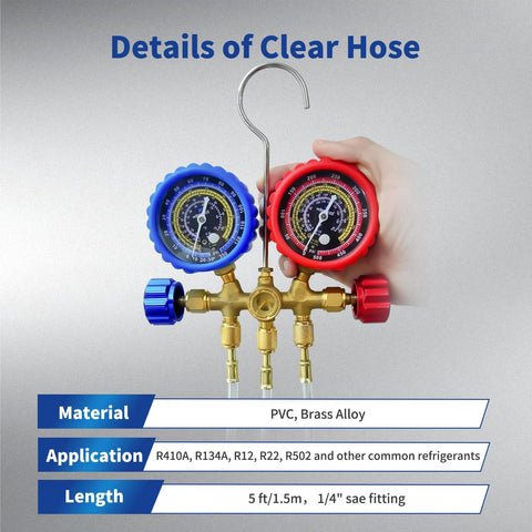 HVAC refrigerant charging hoses, 1/4" flare, set of 3, 5 ft, clear PVC with brass fittings and blue/red gauge manifold.