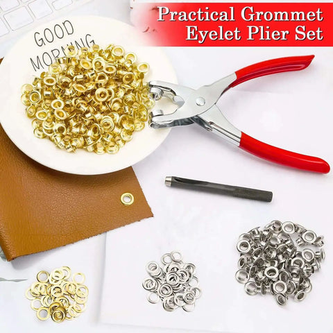 Complete 1200 Piece Pro Grade Grommet Eyelet Kit For Fabric And Leather Projects With Plier Hole Punch And 600 Silver And Gold Eyelets Plus 600 Washers One Quarter Inch Grommets Six Millimeter Set For Belts Clothing And DIY Repairs shown with gold and silver eyelets and red-handled pliers