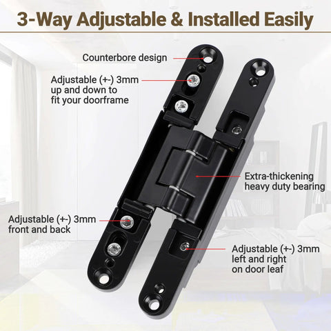 Image showing Hidden Door Hinges 2 Pack Black Low Profile Invisible Zinc Alloy Concealed Hinges 6 x 2 x 1.2 Inches 3 Way Adjustable.