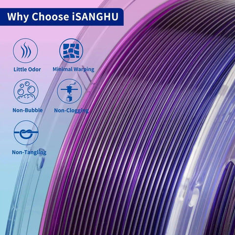 Crystal Clear PETG 3D Printer Filament 1.75mm Ultra Transparent Blue Purple 1kg Spool For Smooth Prints With Low Shrinkage And Bubble Free Bonding No Clogs Print Speed From 30 To 600 mm Per Second shown with features like low odor, minimal warping, non-tangling