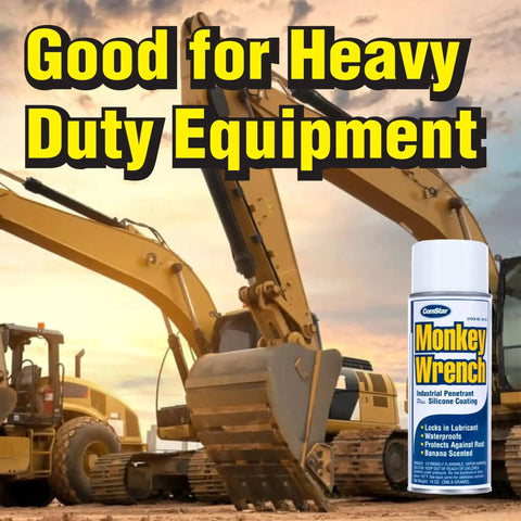 Monkey Wrench Lubricant Spray That Frees Rusted Bolts And Nuts Fast, Displaces Water, Protects Metal, Locks In Lubricant, Breaks Down Rust, Industrial Strength Formula, 14 Ounces Aerosol Can Made In USA, Great For Heavy Duty Projects with construction equipment.