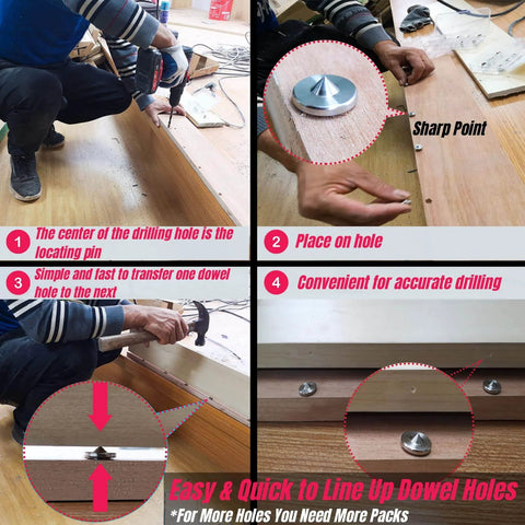 Person using Stainless Steel Dowel Pin Centers Drilling Hole Tool Set For Woodworking, 20 Pc Centering Pins for precise drilling.