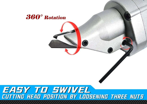Close-up of electric metal shear swivel head, highlighting 360-degree rotation, part of Electric Metal Shear for Sheet Metal 14 Gauge 5.0 Amp Motor.