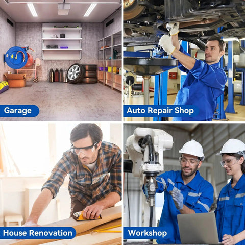 Garage and workshop montage with tools, auto repair, woodwork, and machine use in industrial and home settings.
