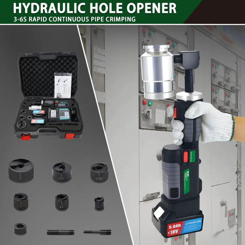 Battery Powered Hydraulic Knockout Punch Kit EZ 8AL with 8 Ton Driver, shown with case, tool in use, and accessories for hole punching.
