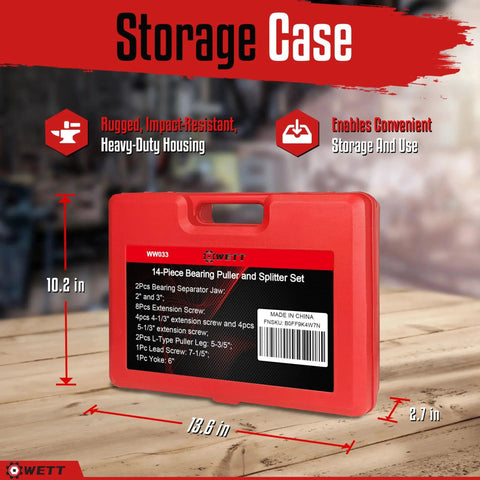 Red storage case for Bearing Puller And Splitter Set 14-Piece Heavy Duty Kit, with product details and dimensions.