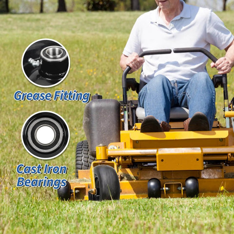 Zero turn mower with 11x4.00-5 Flat Free Lawn Mower Tire And Wheel With Bearing Bore 3/4 Inch Or 5/8 Inch, centered hub 3.4-5 inches