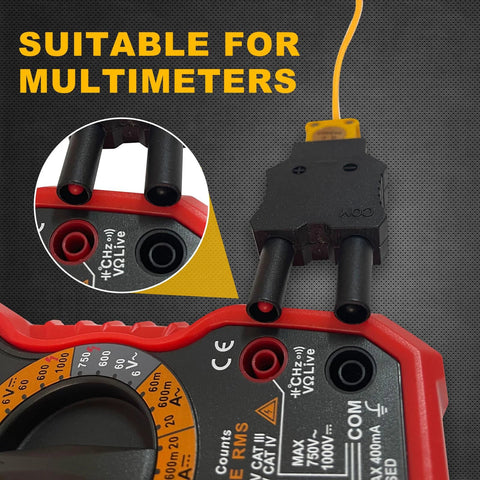 HVAC temperature clamp with banana plug adapter and K-type thermocouple probes connected to a red and black multimeter.