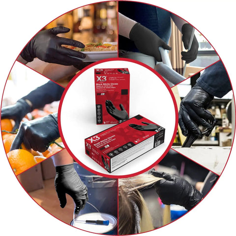 Black Nitrile Disposable Gloves 3 Mil Powder Free Food Safe X Large Box Of 100 shown in various food and cleaning uses