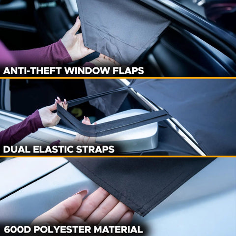 Close-up of Anti Theft window flaps and dual elastic straps on a 600D polyester Windshield Cover For Ice And Snow Universal Fit For Car SUV And Truck Heavy Duty 600D Oxford Fabric Frost Protector With Anti Theft Straps Medium 69 By 42 Inches Keeps Windshield Clear.