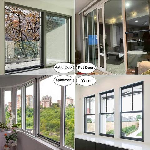 Adjustable Patio Door Security Bar For Sliding Glass Doors 17.5 To 50 Inch Heavy Duty Indoor Window Lock Bar Black Finish Supports Up To 400 Pounds installed in various home settings including patio and apartment windows.