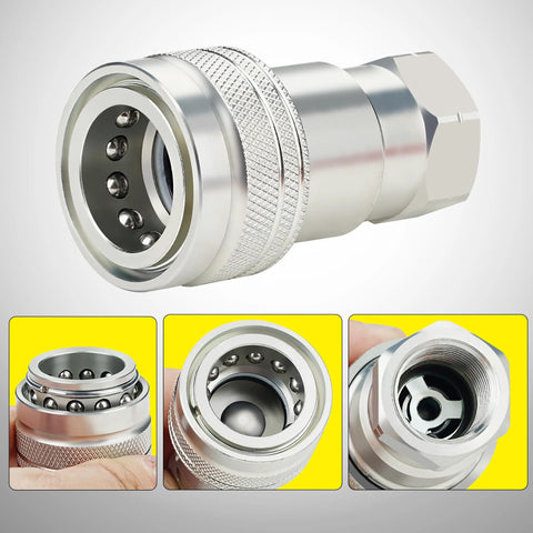 ANCIMOON 1/2 in ISO 5675 hydraulic quick-connect coupler, silver metal with knurled grip and dust caps