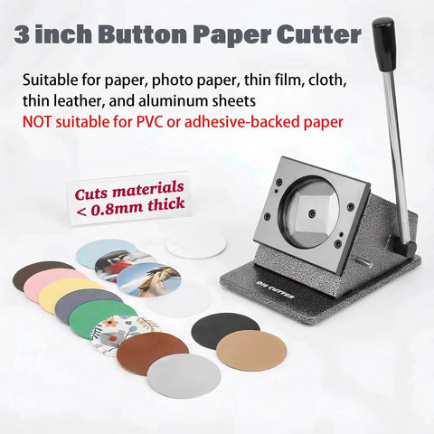 3 Inch Button Cutter Tool Heavy Duty Round Circle Graphic Badge Puncher Die Cutter With Manual Long Lever For DIY Button Making displayed with sample materials