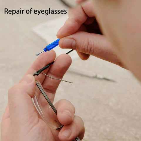 Using 4 Pcs Mini Eyeglass Screwdriver Set 4 In 1 Precision Kit for eyeglass repair, blue handle, close-up shot.