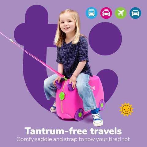 Child riding on a pink suitcase for travel, "Ride On Kids Suitcase For Travel And Fun Tow Along Toddler Luggage With Wheels Carry On Cute Pink Bag"