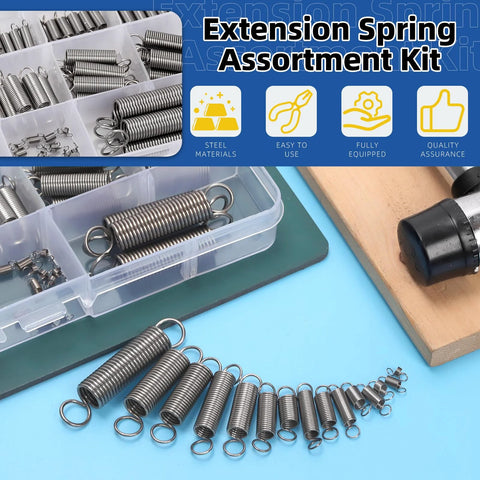 Extension spring assortment kit, stainless steel, 96 pcs, double-hook, 15 sizes in plastic storage box.