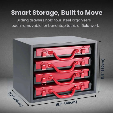Heavy Duty Metal Small Parts Cabinet With Sliding Rack Drawers Four Removable Tool Boxes And Color Coded Compartments For Nuts Bolts Screws And Small Parts Ideal For Shops Garages And Service Trucks shown with red drawers