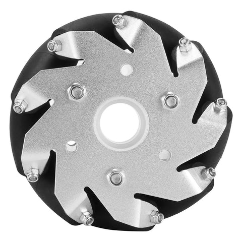 Top view of Omni Directional Mecanum Wheel Set Four 100mm Durable Steel Wheels with Aluminum Y Structure and Rubber Rollers.