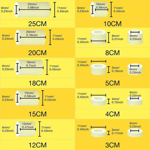 Nylon Round Spacers Kit 151 Pcs Dope Wall Plate Spacers For Screws Hardware Standoffs Pro Grade Assortment OD 11mm ID 6.2mm Lengths 3-25mm For M6 White, size chart display