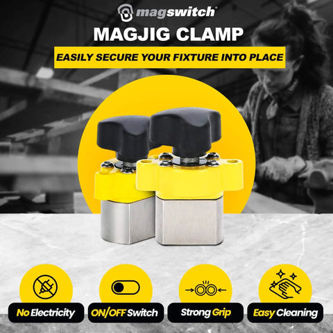 MagJig 150 Magnetic Clamp Set Of 2, yellow knobs, used for woodworking and welding, strong neodymium magnets with on/off switch.