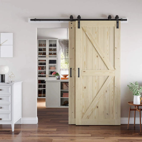 Double 30x80 Inch Solid Wood Barn Door Kit With Bypass Sliding Hardware For 51x80 Inch Opening, Unfinished Surface Ready To Stain