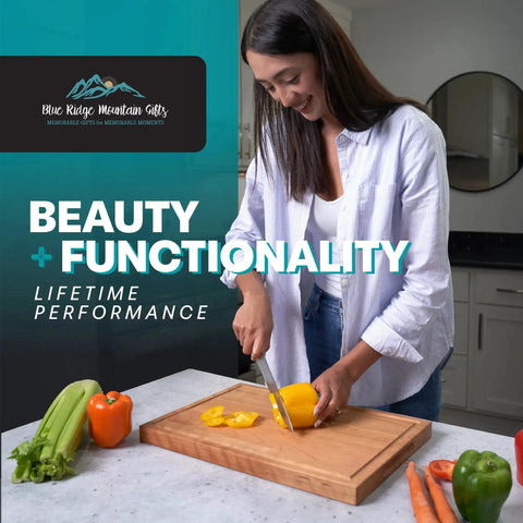 Personalized New Homeowners Cutting Board With Custom Home Image Laser Engraved Wooden Chopping Board in use on kitchen counter.