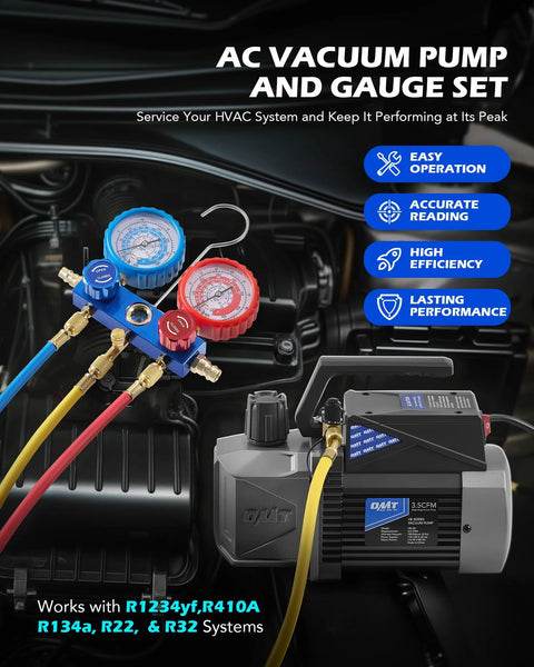 AC vacuum pump and gauge set (OMT) for automotive A/C, blue and red gauges, 3.5 CFM, three hoses.